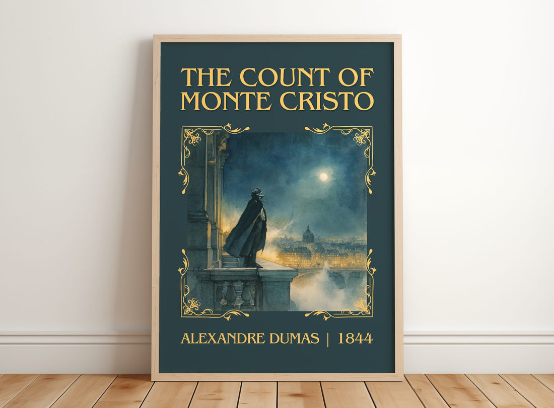 The Count Of Monte Cristo Classic Book Art Print by Alexandre Dumas – framed print leaning on a wooden floor
