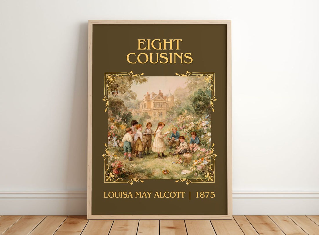Eight Cousins Classic Book Art Print by Louisa May Alcott – framed print leaning on a wooden floor