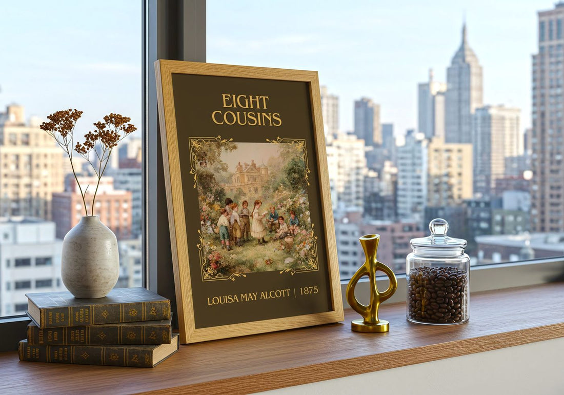 Eight Cousins Classic Book Art Print by Louisa May Alcott – framed print on a city-view windowsill