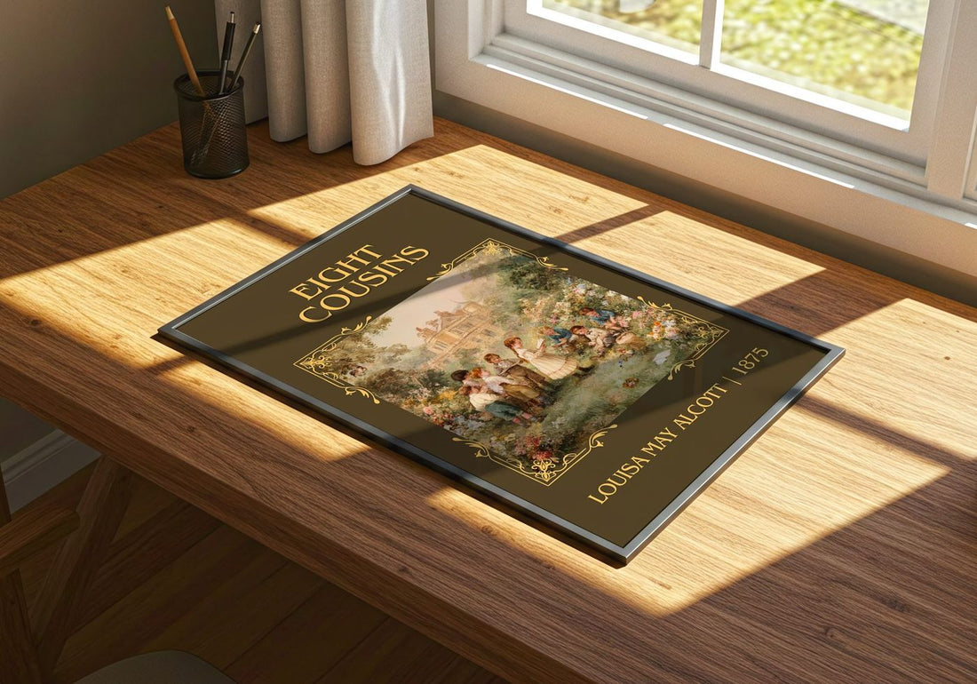 Eight Cousins Classic Book Art Print by Louisa May Alcott – print on a sunlit desk