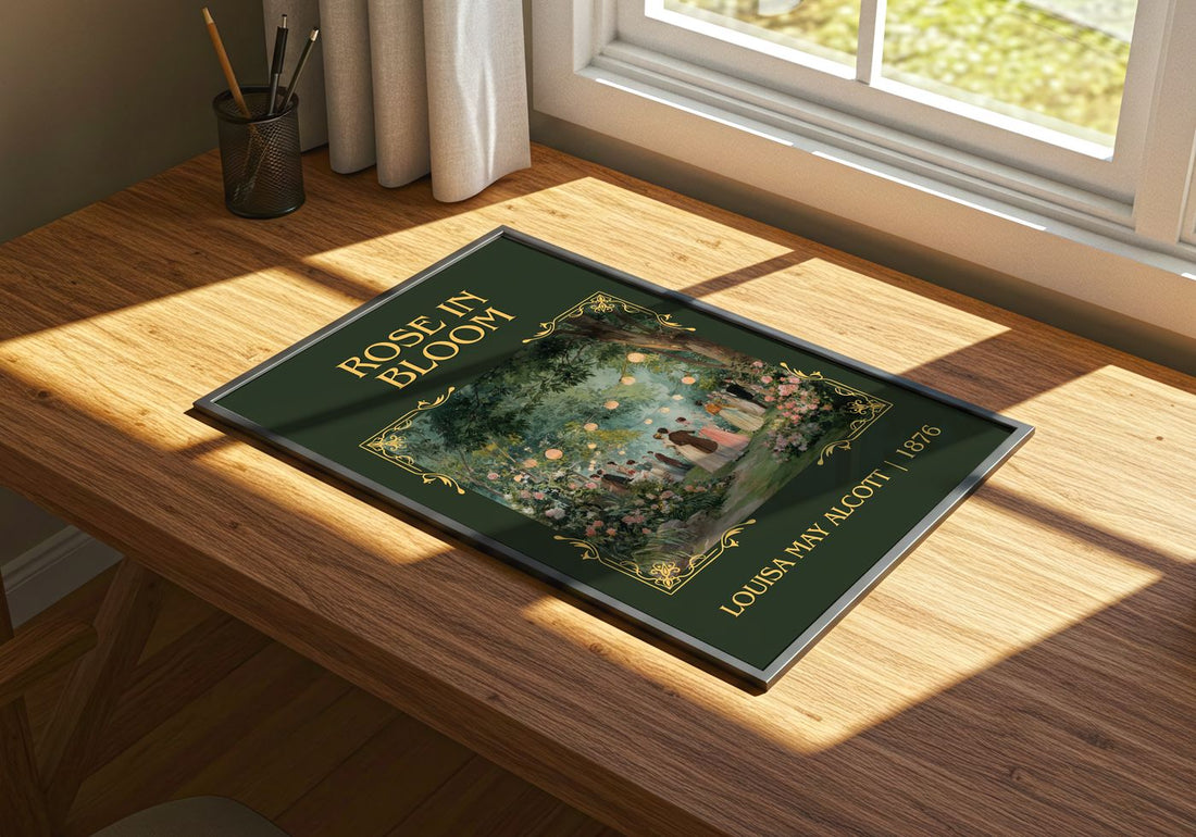 Rose In Bloom Classic Book Art Print by Louisa May Alcott – print on a sunlit desk