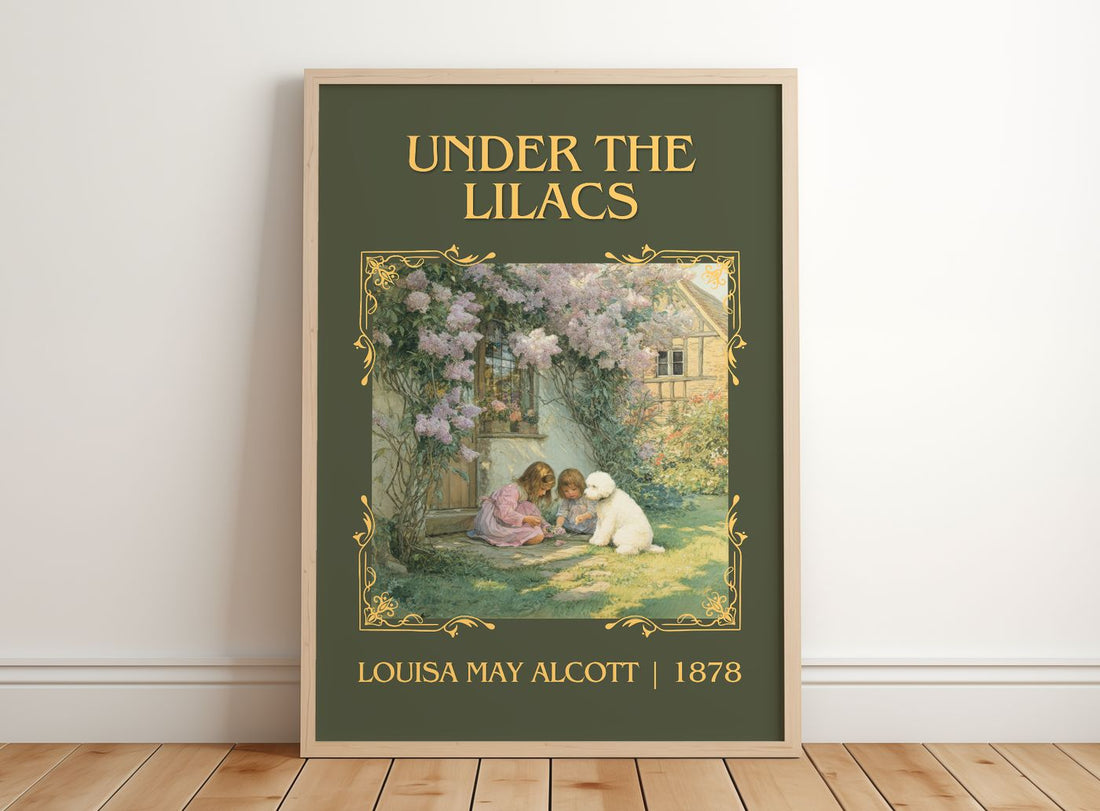 Under The Lilacs Classic Book Art Print by Louisa May Alcott – framed print leaning on a wooden floor