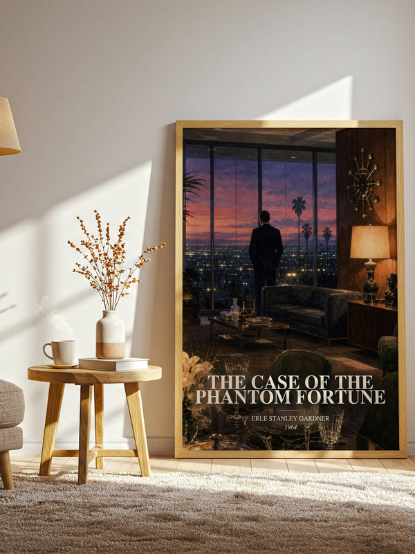 The Case Of The Phantom Fortune watercolour print in frame leaning in hallway – mystery wall art