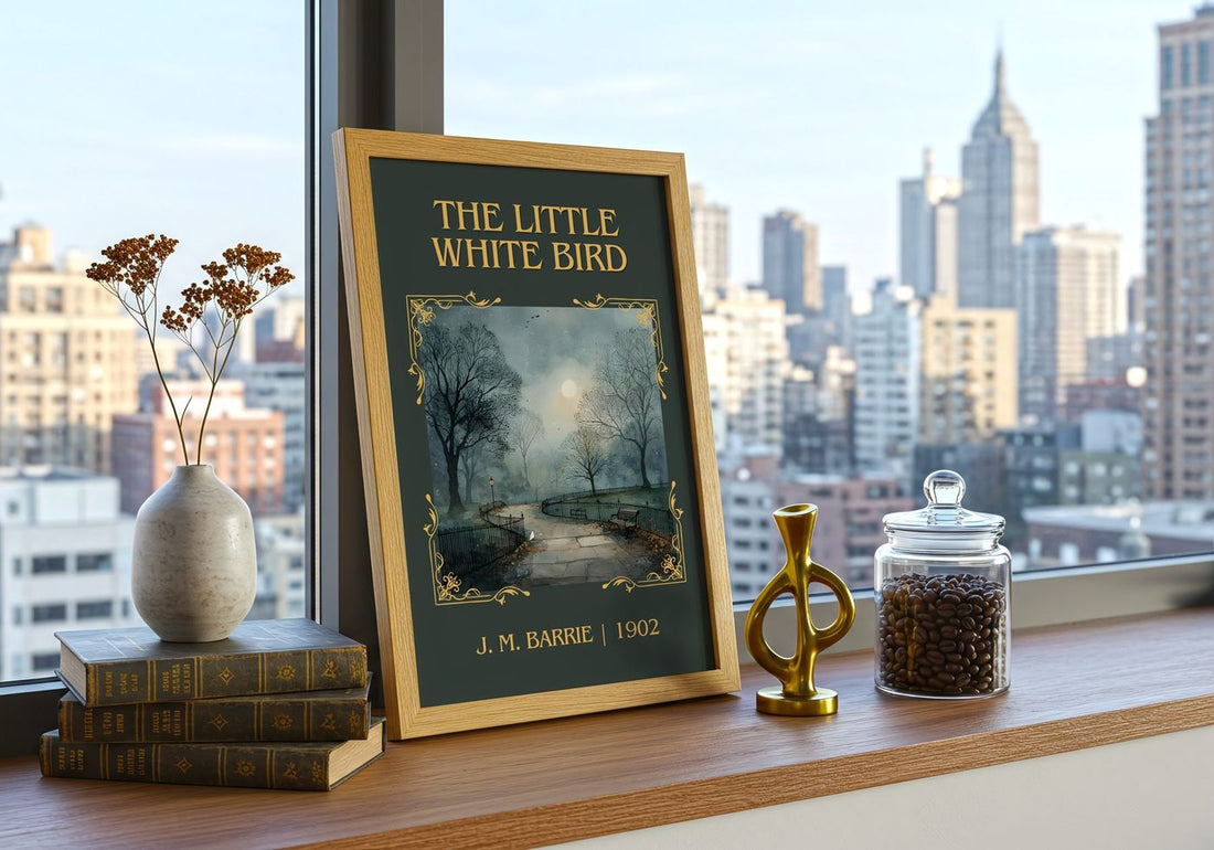 The Little White Bird Classic Book Art Print by J. M. Barrie – framed print on a city-view windowsill