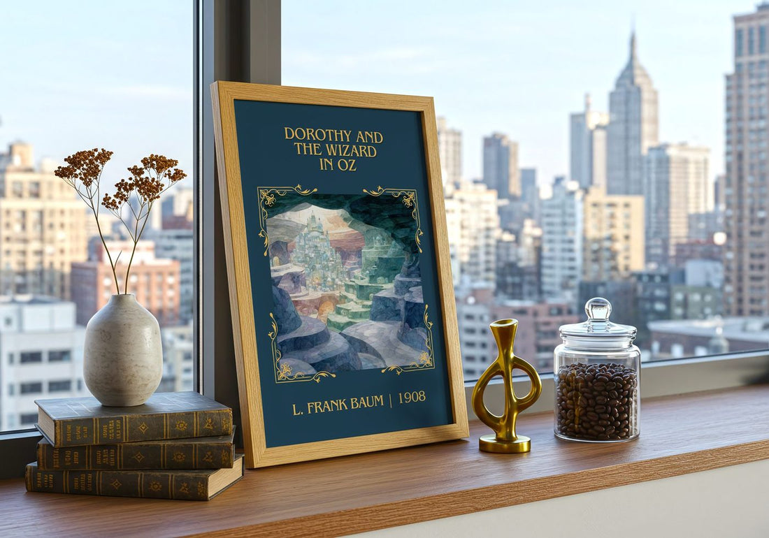 Dorothy And The Wizard In Oz Classic Book Art Print by L. Frank Baum – framed print on a city-view windowsill