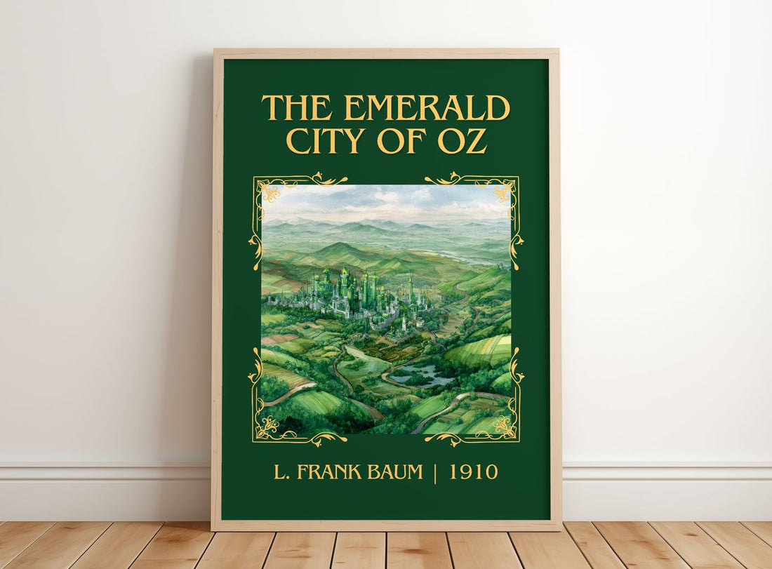 The Emerald City Of Oz Classic Book Art Print by L. Frank Baum – framed print leaning on a wooden floor