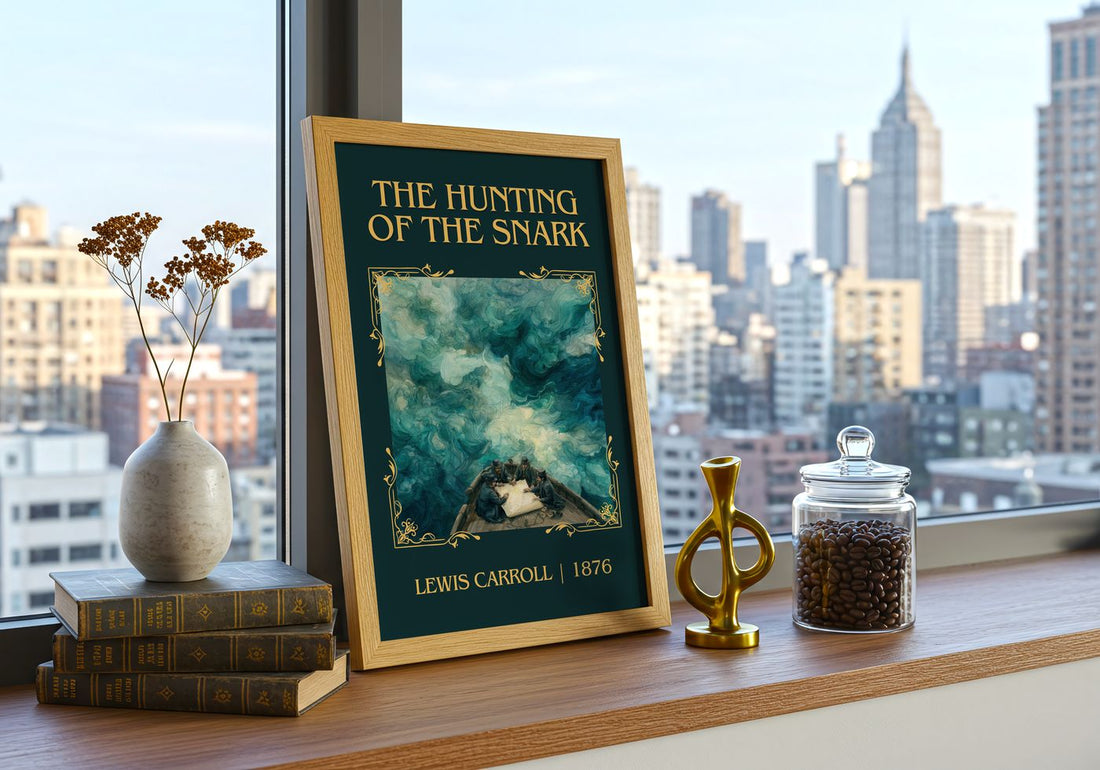 The Hunting Of The Snark Classic Book Art Print by Lewis Carroll – framed print on a city-view windowsill