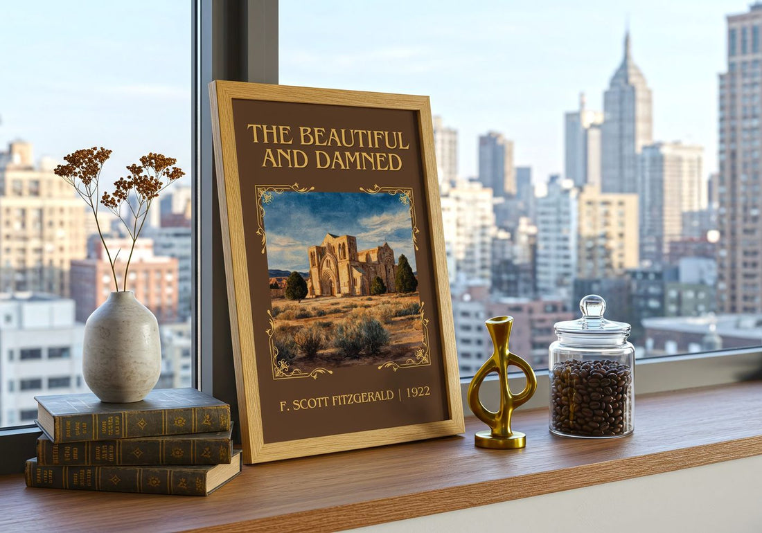 The Beautiful And Damned Classic Book Art Print by F. Scott Fitzgerald – framed print on a city-view windowsill