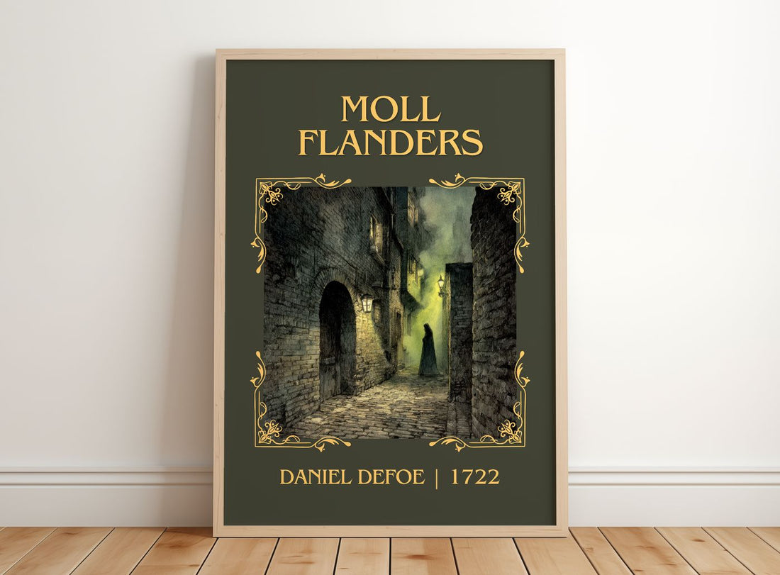 Moll Flanders Classic Book Art Print by Daniel Defoe – framed print leaning on a wooden floor