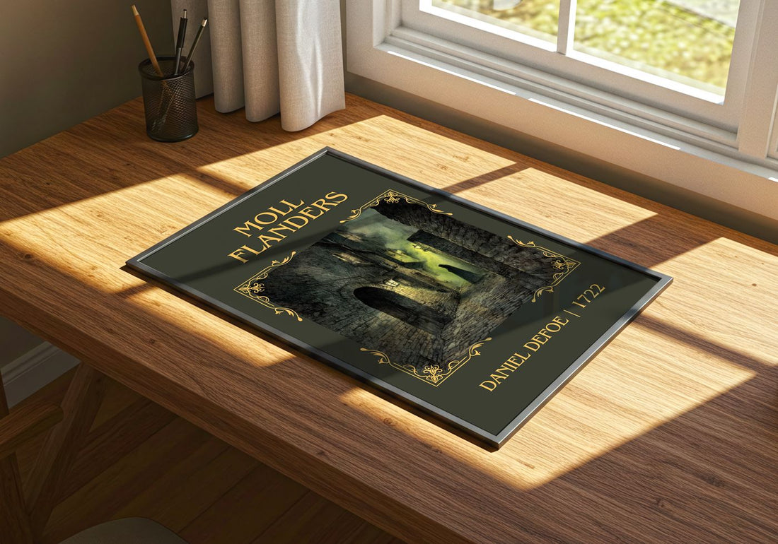 Moll Flanders Classic Book Art Print by Daniel Defoe – print on a sunlit desk