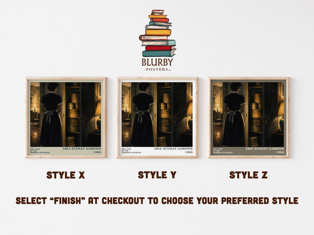 The Case Of The Worried Waitress literary print in frame leaning in hallway – mystery wall art (mockup)