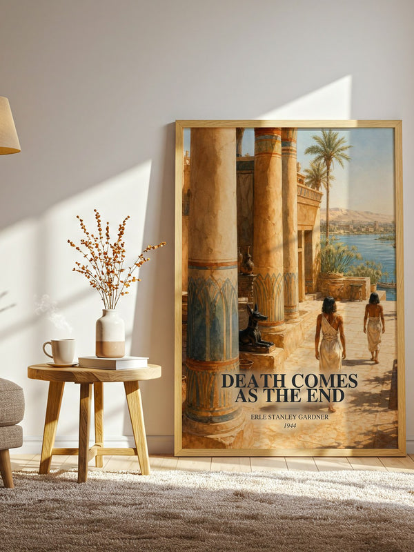 Death Comes As The End watercolour print in frame leaning in hallway – mystery wall art