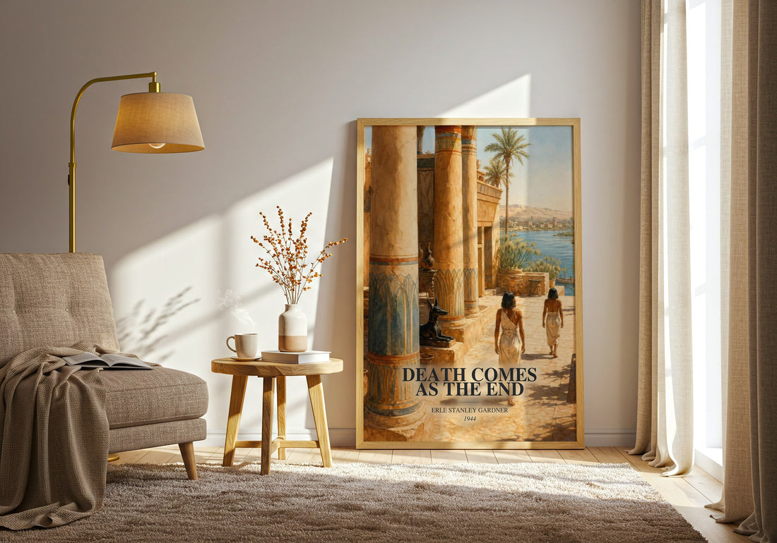Death Comes As The End watercolour print in frame leaning in hallway – mystery wall art (mockup)