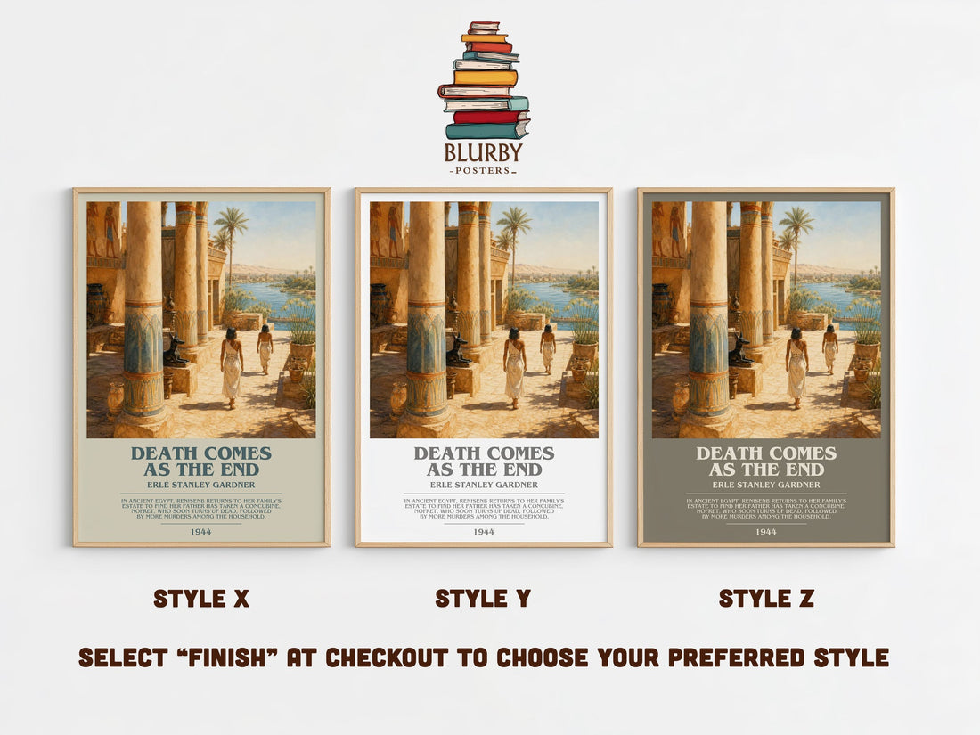 Death Comes As The End bookish print in frame leaning in hallway – mystery wall art (mockup)