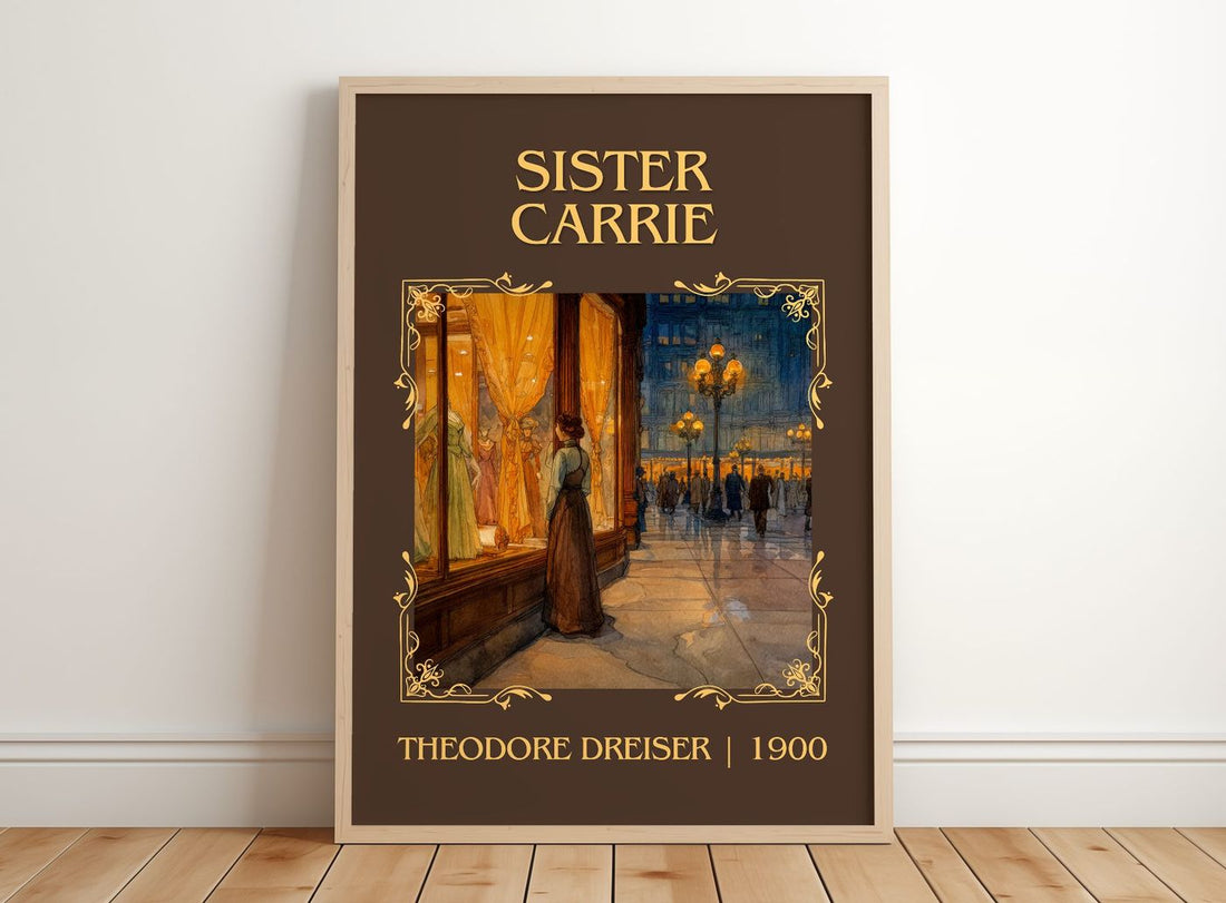 Sister Carrie Classic Book Art Print by Theodore Dreiser – framed print leaning on a wooden floor