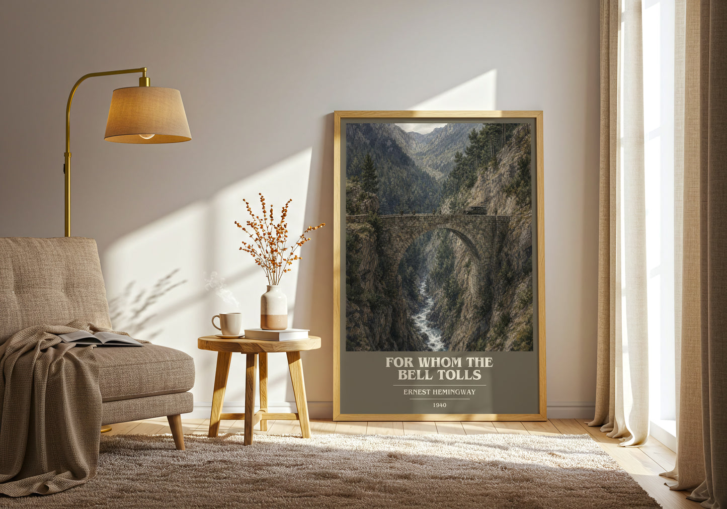 For Whom The Bell Tolls book cover print on bookshelf – Ernest Hemingway fan gift