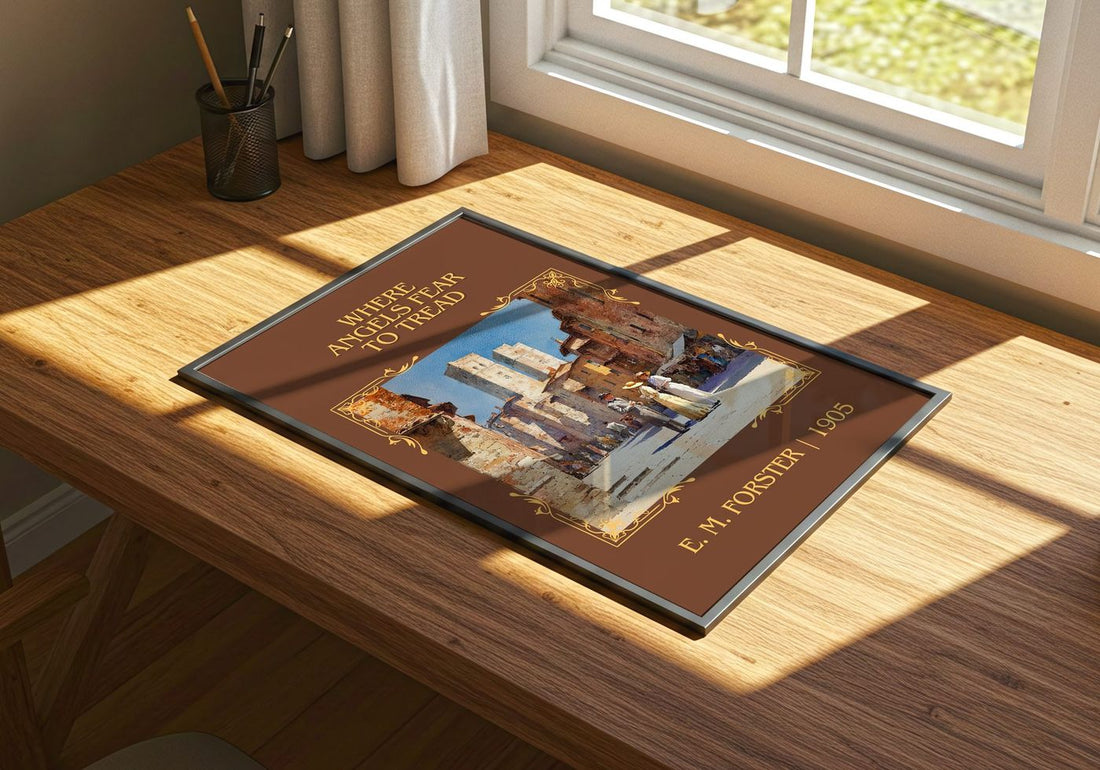 Where Angels Fear To Tread Classic Book Art Print by E. M. Forster – print on a sunlit desk