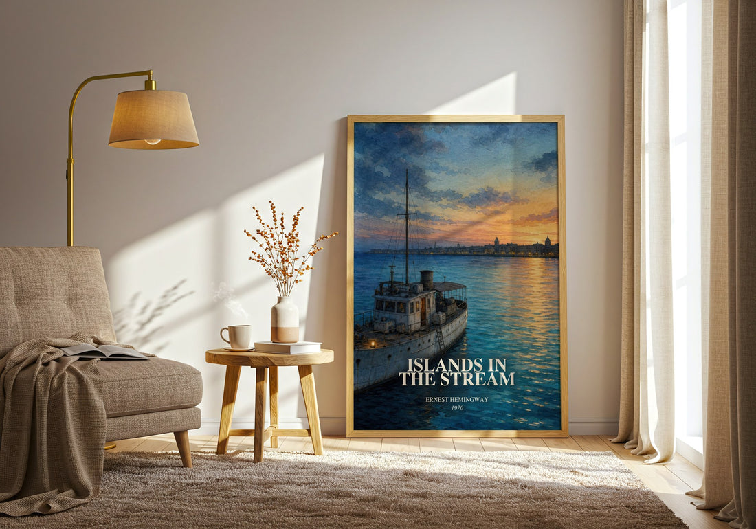 Islands In The Stream watercolour print in frame leaning in hallway – literary fiction wall art (mockup)