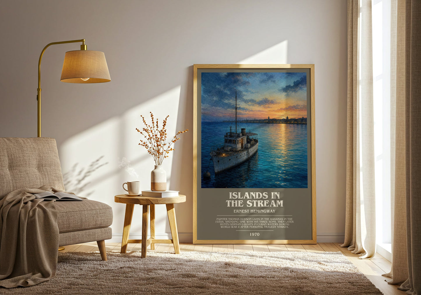 Islands In The Stream bookish print on bookshelf – Ernest Hemingway fan gift