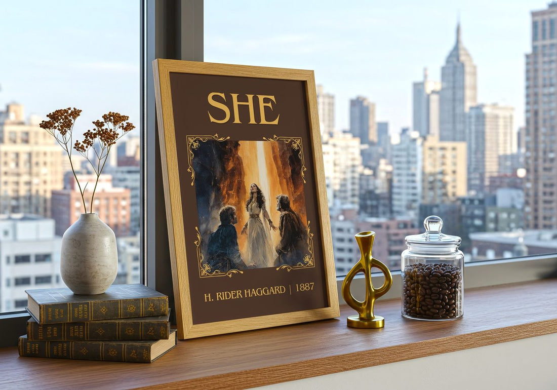 She Classic Book Art Print by H. Rider Haggard – framed print on a city-view windowsill