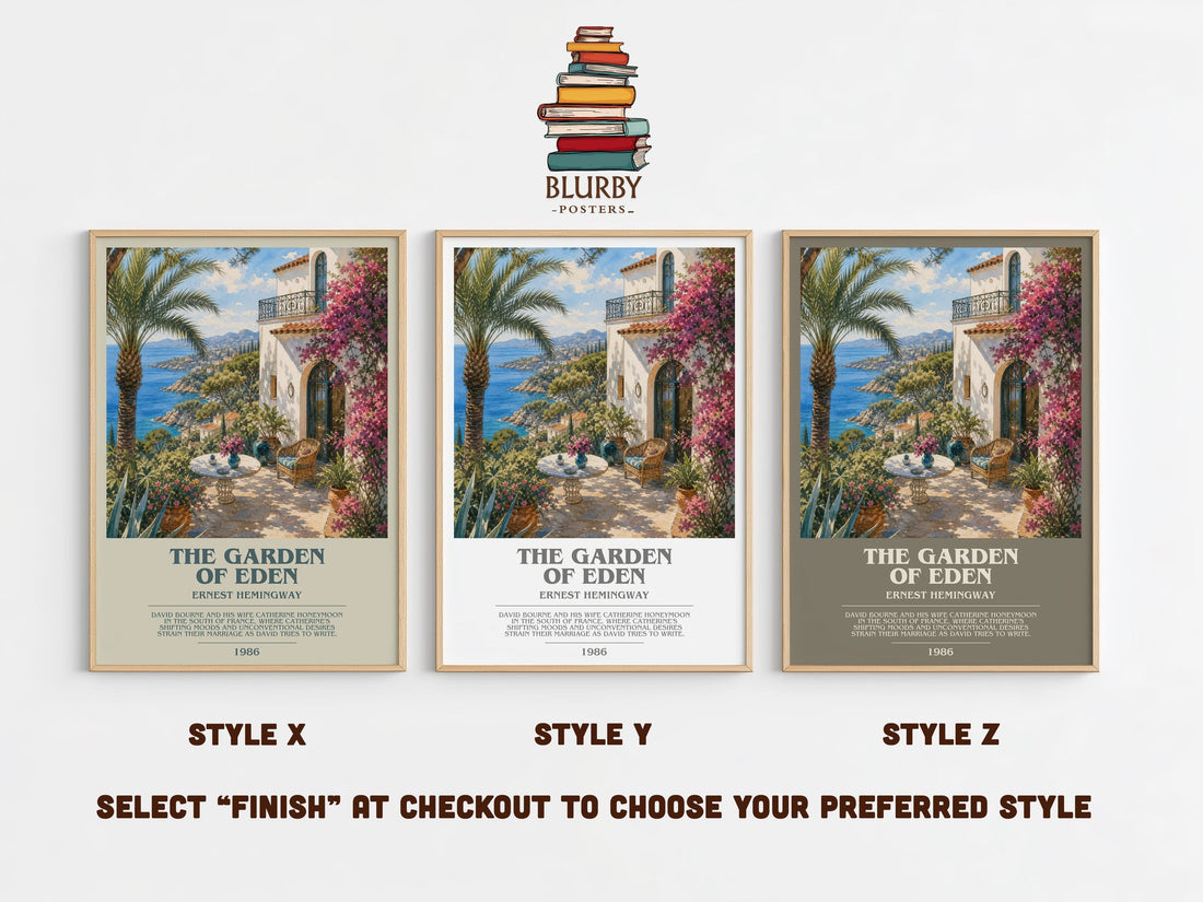 The Garden Of Eden bookish print in frame leaning in hallway – literary fiction wall art (mockup)