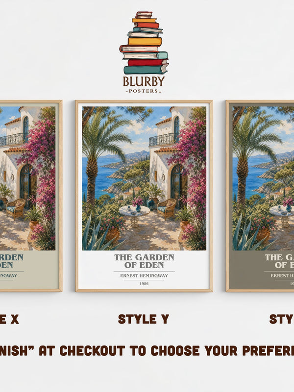 The Garden Of Eden book cover print in frame leaning in hallway – literary fiction wall art