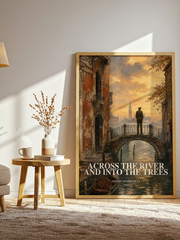 Across The River And Into The Trees watercolour print in frame leaning in hallway – literary fiction wall art