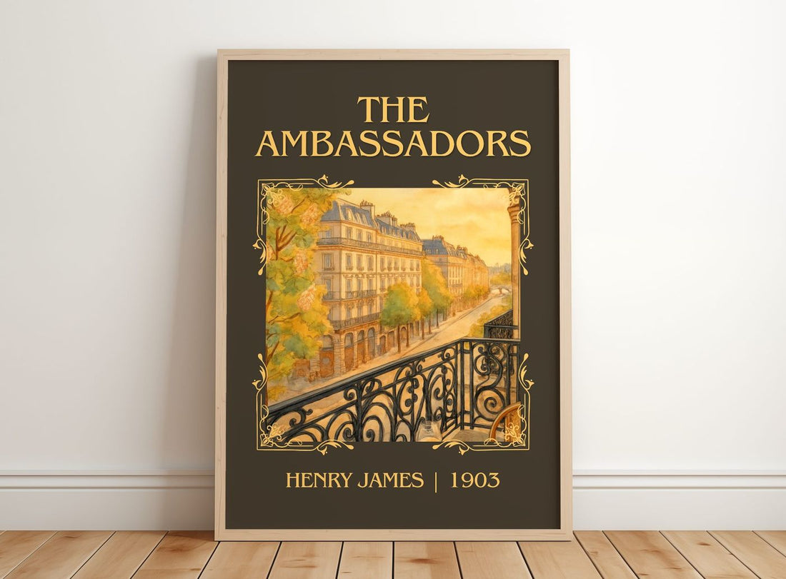 The Ambassadors Classic Book Art Print by Henry James – framed print leaning on a wooden floor