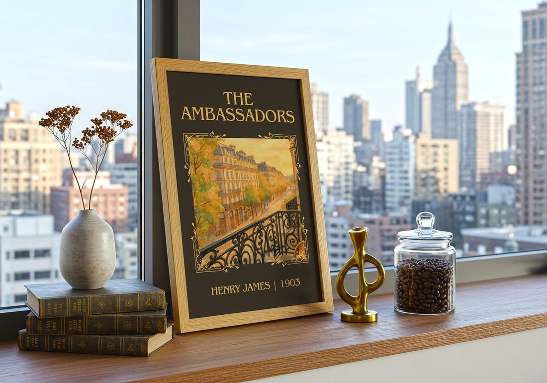 The Ambassadors Classic Book Art Print by Henry James – framed print on a city-view windowsill