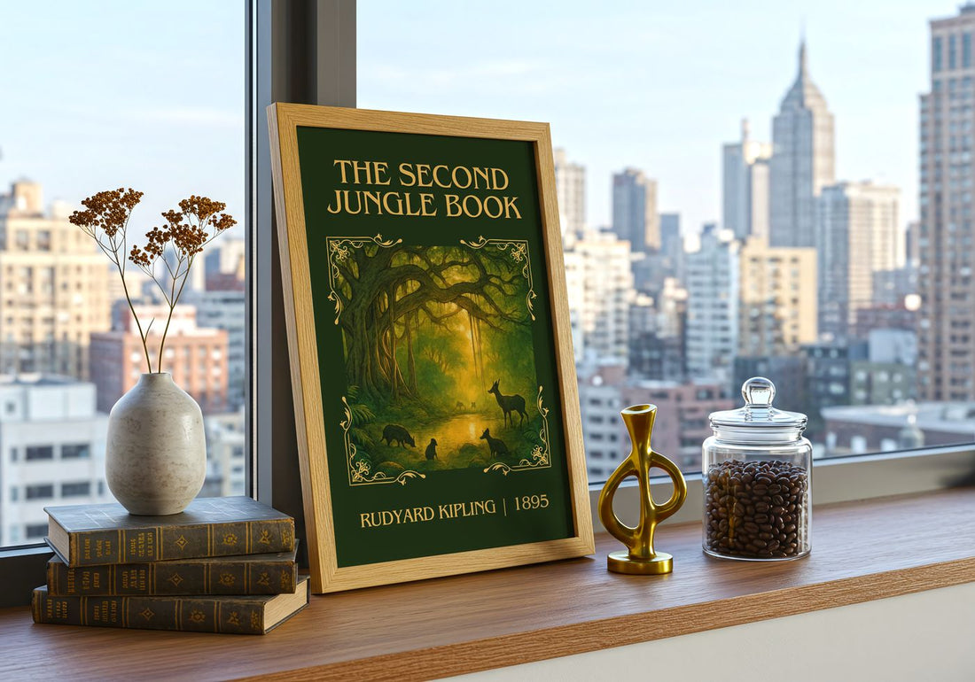 The Second Jungle Book Classic Book Art Print by Rudyard Kipling – framed print on a city-view windowsill