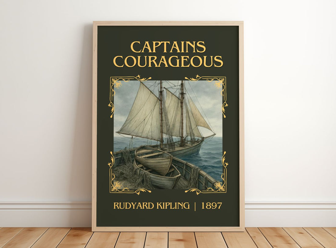 Captains Courageous Classic Book Art Print by Rudyard Kipling – framed print leaning on a wooden floor