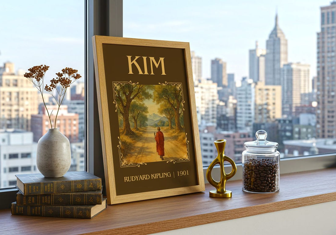 Kim Classic Book Art Print by Rudyard Kipling – framed print on a city-view windowsill
