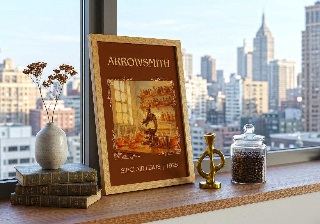Arrowsmith Classic Book Art Print by Sinclair Lewis – framed print on a city-view windowsill