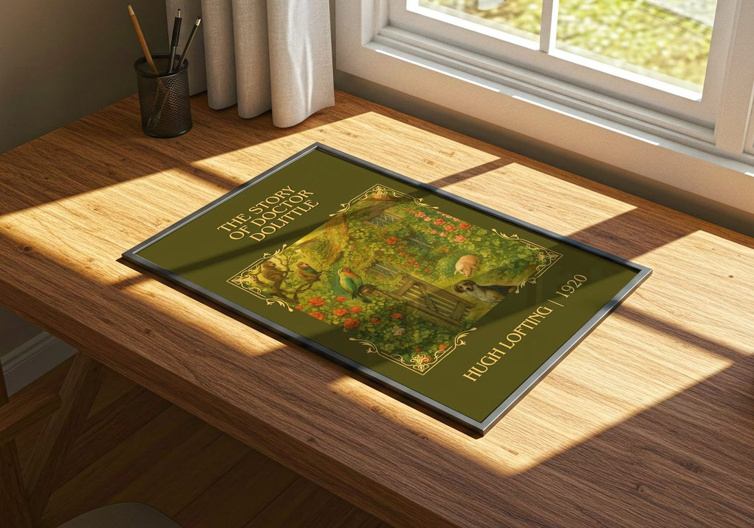 The Story Of Doctor Dolittle Classic Book Art Print by Hugh Lofting – print on a sunlit desk