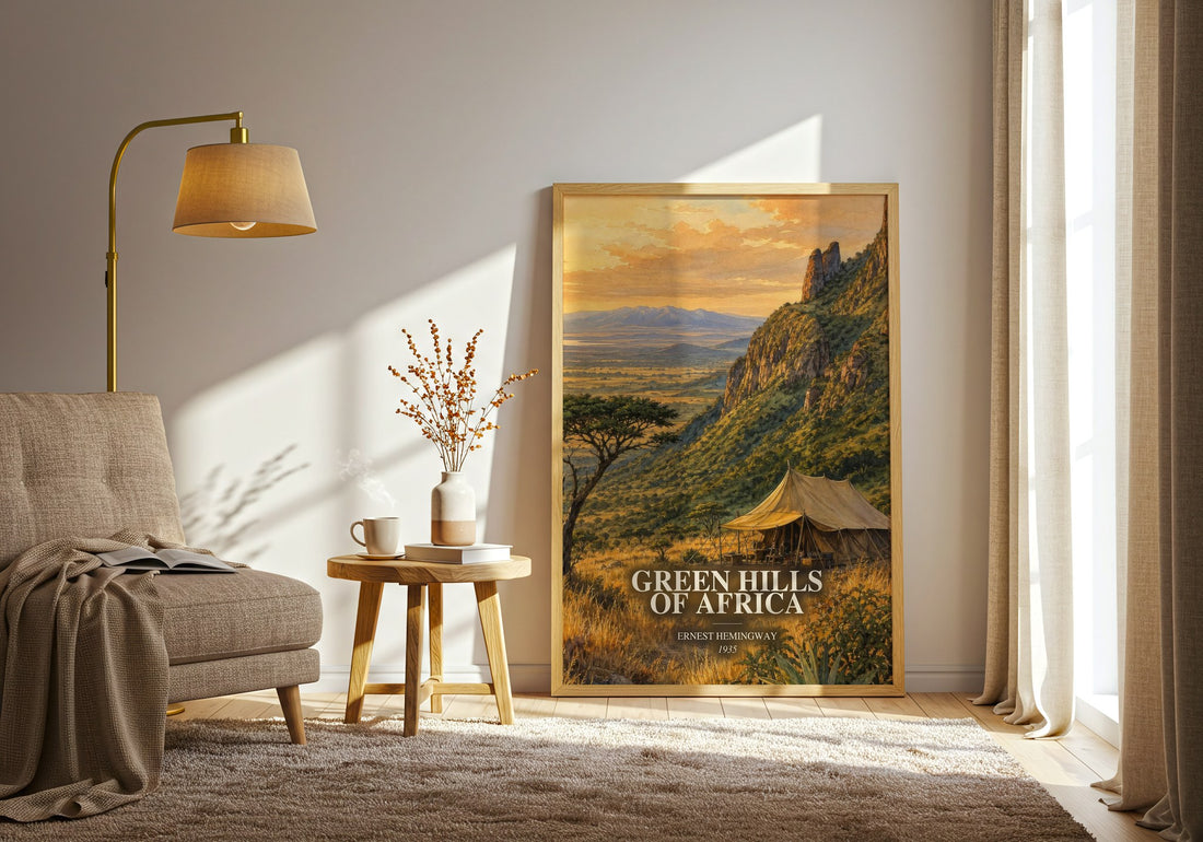 Green Hills Of Africa watercolour print in frame leaning in hallway – non fiction wall art (mockup)