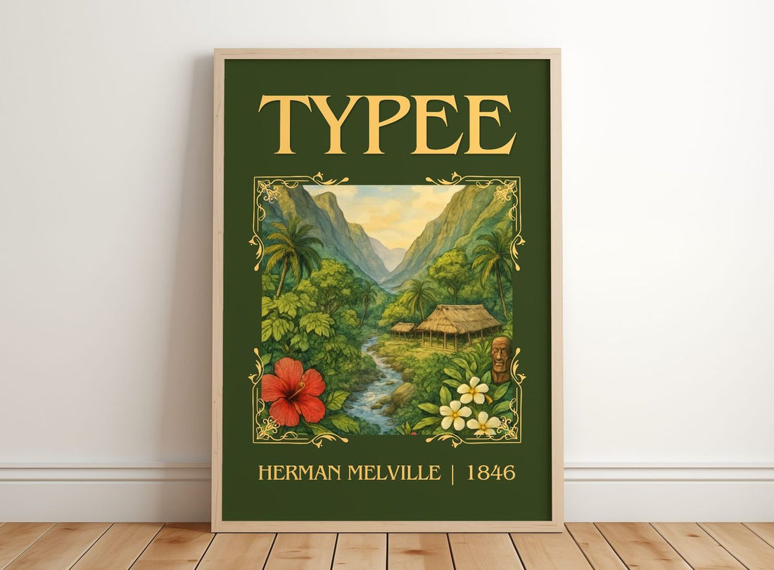 Typee Classic Book Art Print by Herman Melville – framed print leaning on a wooden floor
