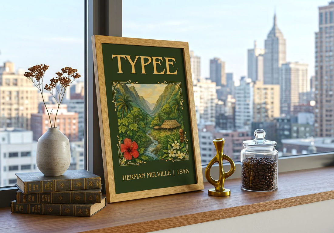 Typee Classic Book Art Print by Herman Melville – framed print on a city-view windowsill