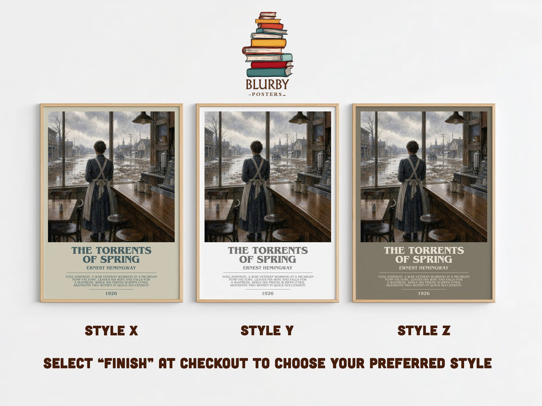 The Torrents Of Spring bookish print in frame leaning in hallway – satire wall art (mockup)