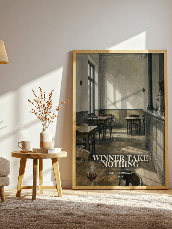Winner Take Nothing watercolour print in frame leaning in hallway – literary fiction wall art