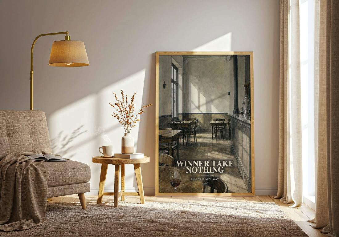 Winner Take Nothing watercolour print in frame leaning in hallway – literary fiction wall art (mockup)