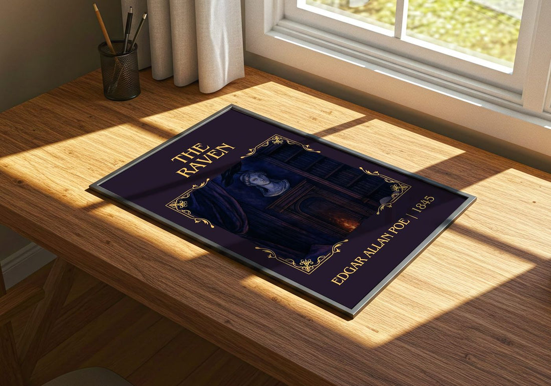 The Raven Classic Book Art Print by Edgar Allan Poe – print on a sunlit desk