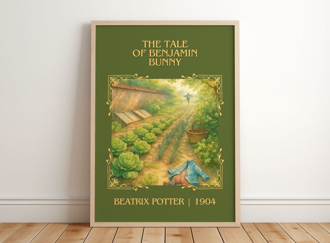The Tale Of Benjamin Bunny Classic Book Art Print by Beatrix Potter – framed print leaning on a wooden floor