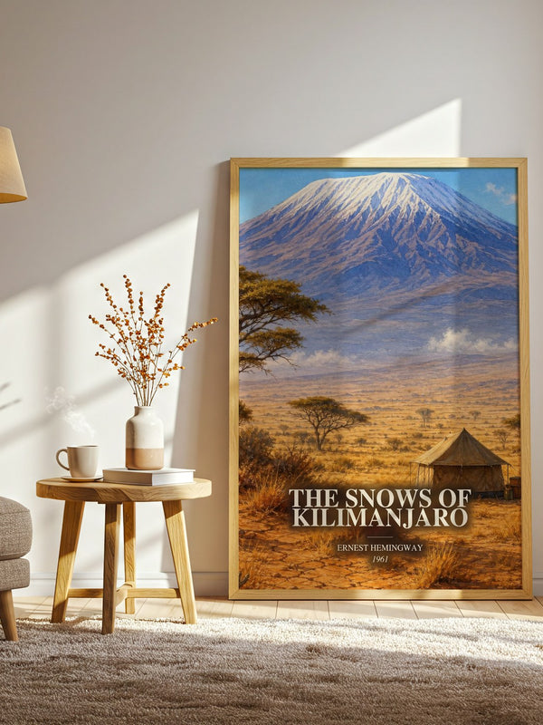The Snows Of Kilimanjaro watercolour print in frame leaning in hallway – literary fiction wall art