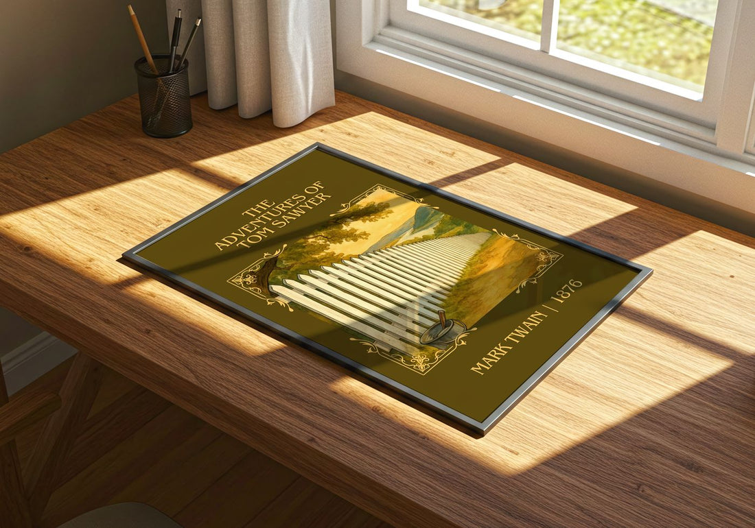 The Adventures Of Tom Sawyer Classic Book Art Print by Mark Twain – print on a sunlit desk