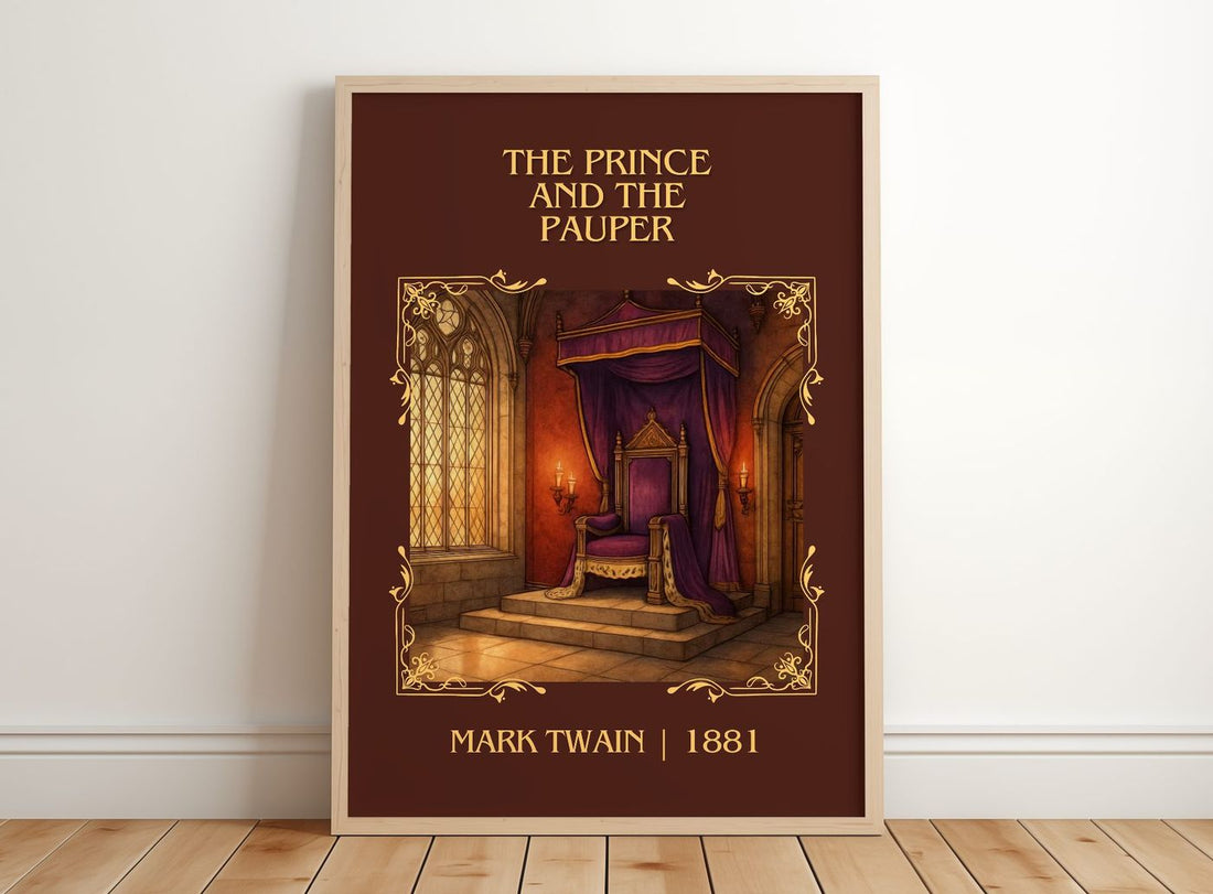 The Prince And The Pauper Classic Book Art Print by Mark Twain – framed print leaning on a wooden floor