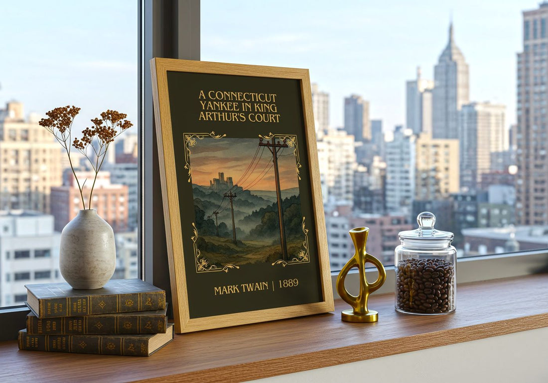 Connecticut Yankee In King Arthur'S Court Classic Book Art Print – framed print on a city-view windowsill