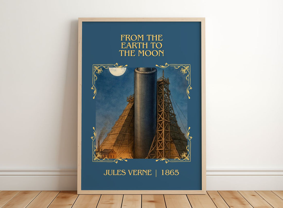 From The Earth To The Moon Classic Book Art Print by Jules Verne – framed print leaning on a wooden floor