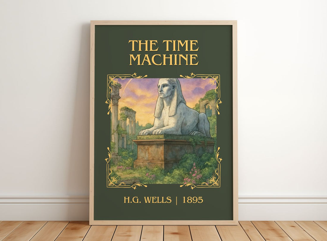 The Time Machine Classic Book Art Print by H.G. Wells – framed print leaning on a wooden floor