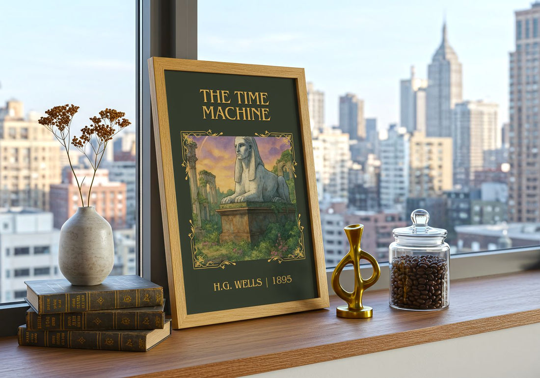 The Time Machine Classic Book Art Print by H.G. Wells – framed print on a city-view windowsill