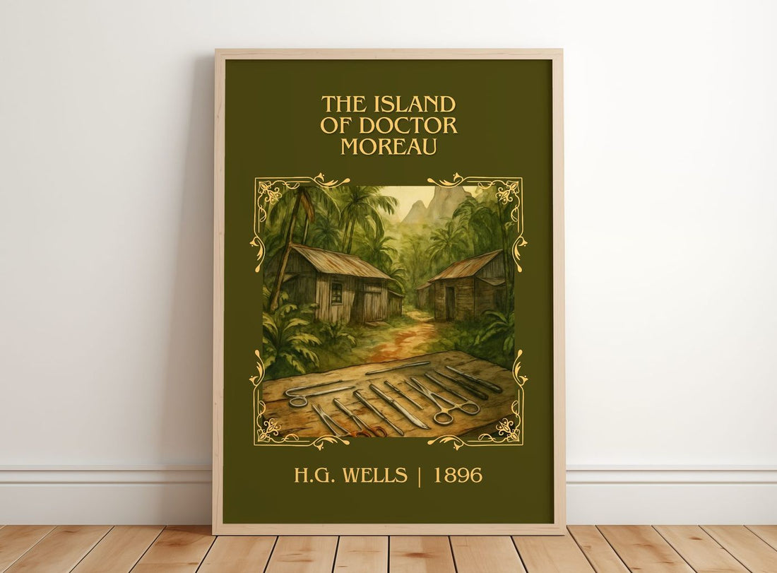 The Island Of Doctor Moreau Classic Book Art Print by H.G. Wells – framed print leaning on a wooden floor